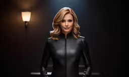 a woman wearing a black leather outfit with gloves on