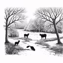black and white of farm animals in the snow