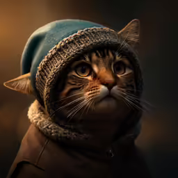 a cat wearing a hat and scarf over its head