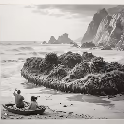 people in a small boat with trees on the beach