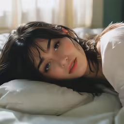 a woman laying in bed in white clothing