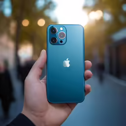 a hand is holding up a blue iphone