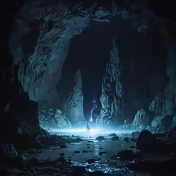 a man standing in the center of a dark cave