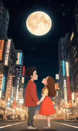 an animated couple standing next to each other on the street