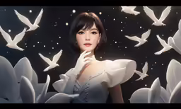 a woman with short hair wearing a white dress surrounded by white birds