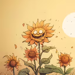 cartoon style drawing of an angry sunflower in a field