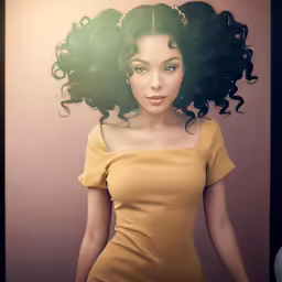 a woman in yellow dress with an afro
