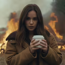 girl standing in front of a large fire with a cup