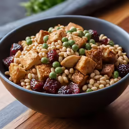a bowl filled with cereal and tofu