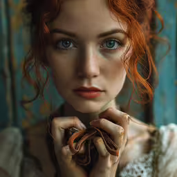 a woman is shown in a photo and has red hair,there is a woman that is holding something up to her face