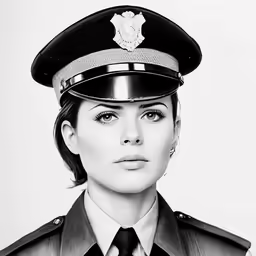 a police woman in uniform standing and looking to the side
