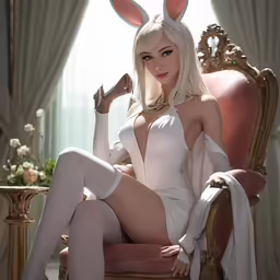 a woman dressed in bunny ears sitting on a chair