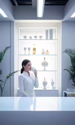 a woman stands in front of a glass shelf with vases