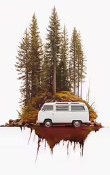 an rv driving through the water in front of a forest