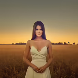 the woman is standing in the middle of a field