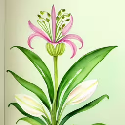 a painting of pink and white flowers with leaves on green watercolor paper