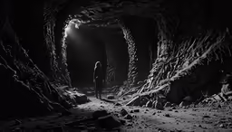 a man standing in front of a cave entrance