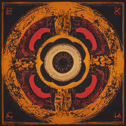 a picture of a circle with a large face and many different symbols,a poster with a colorful floral design on the front