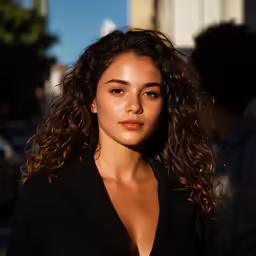 a woman that is standing next to a street