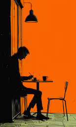 a man sits at a table while looking at his laptop