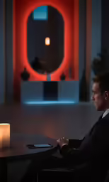 a man sits at a table with a lit candle