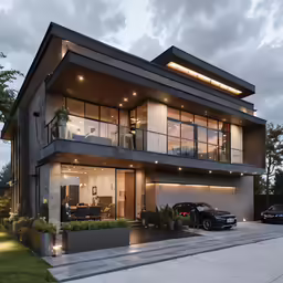 a modern house with a large window covered in lights