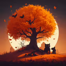 a dog sitting next to a cat under an orange tree,a couple of foxes sitting under a tree