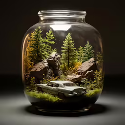 a small car sits in the reflection of an indoor display