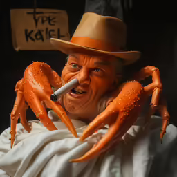 a person with an orange hat and beard holds a cigarette in their mouth