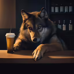 a wolf is sitting at the table with a cup
