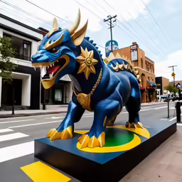 a sculpture of a blue dragon in a small town