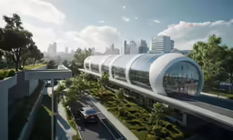 a view of an elevated train station in the city