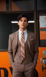 a man wearing a suit and tie with his hands in his pockets