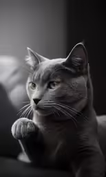 a gray cat laying on a couch looking at the camera