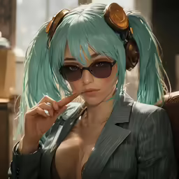 a woman with a green wig in a suit holding her finger up