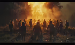a group of people standing in front of a big fire