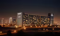 the hotel, with its lighted lights at night