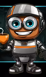 an animated robot holding up a cup of coffee