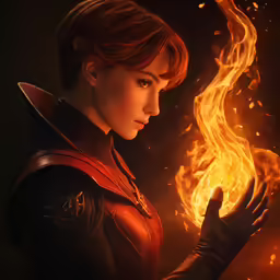a woman in leather clothes holding out a fire