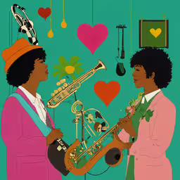 two men holding musical instruments with love in the background,two women, one holding a trumpet and another playing the trombone