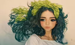 a doll with curly hair standing against a white wall