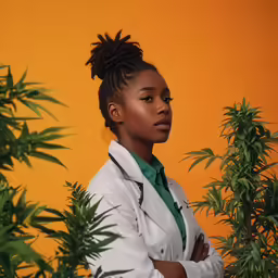 a woman in white lab coat standing next to a plant
