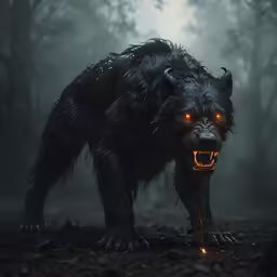 a creepy wolf with glowing eyes is walking through the woods