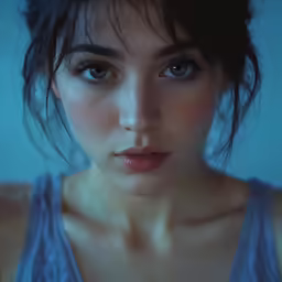a girl in a blue shirt with a weird look