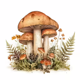 a painting of two mushrooms in the woods