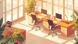 an overhead view of a home office with two computer desks and two plants,an office cubicle with a large desk and computer monitors
