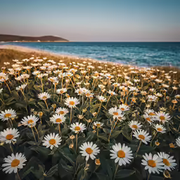 large group of white flowers in front of ocean
