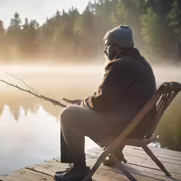 a man sitting on a chair near the water