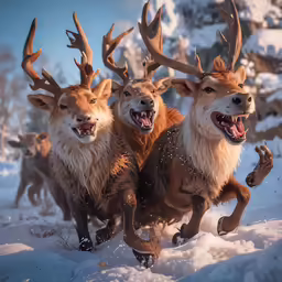 the group of red deer run through the snow together