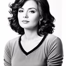 the actress is posing in front of a white background
